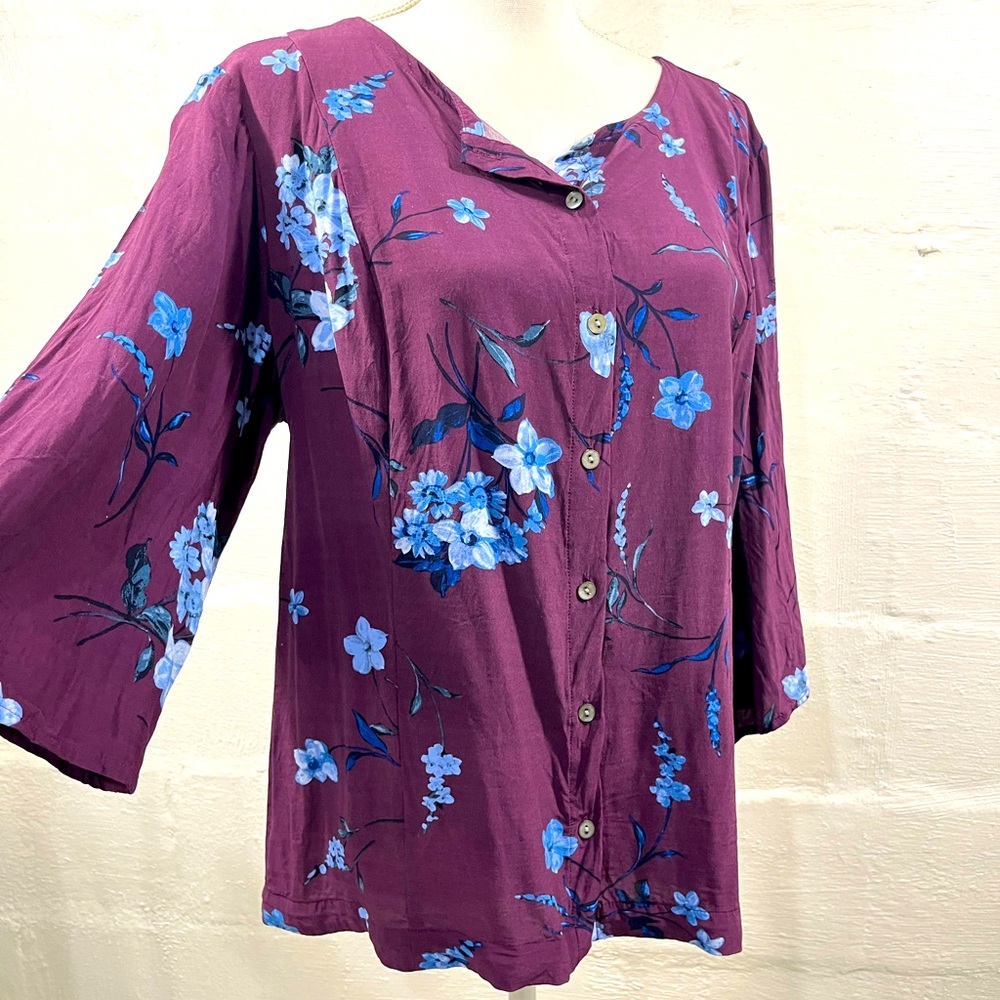 J. Jill Purple Floral Button-Up Blouse with Blue Flowers